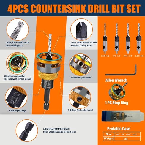 Countersink Drill Bits Set with Depth Stop (1/8", 9/64", 5/32",3/8",1/2"), Quick Change Hex Shank Countersink Drill with Phillips Bit for Wood, Plastic, Woodworking in Saudi Arabia