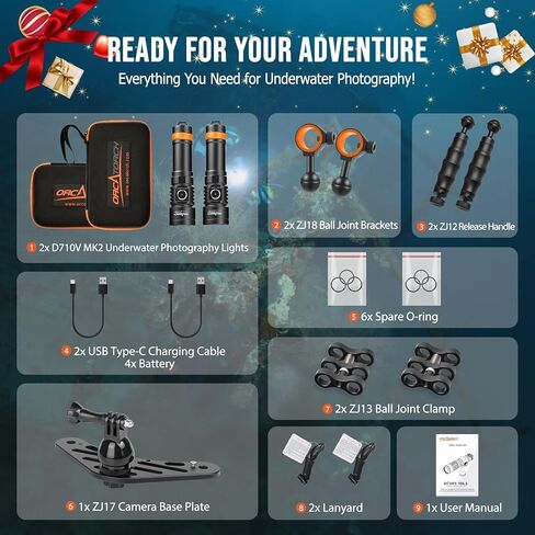 ORCATORCH D710V MK2 Dual Underwater Video Light Kit, 4600 Lumens (2x2300) Tri-Color Scuba Diving Photography Rig with H02 Camera Tray, Handle & Ball Joint Clamps, 120° Wide Beam for Gopro & Action Cam in Kuwait