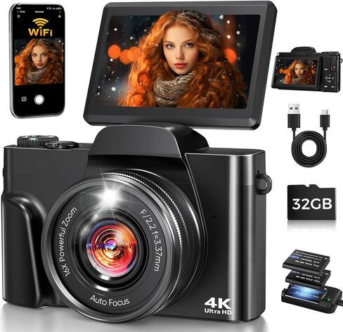 كاميرا رقمية 4K للتصوير الفوتوغرافي مع واي فاي، تركيز تلقائي 64 ميجابكسل، شاشة قلاب 3 بوصة 180 درجة، كاميرا تسجيل فيديو بتكبير 16X لليوتيوب، كاميرا سفر مدمجة للمبتدئين، مضادة للاهتزاز، بطاقة 32 جيجابايت، بطاريتان، أسود in Kuwait