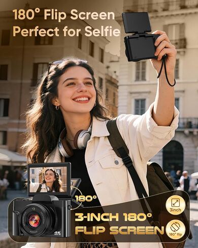 كاميرا رقمية 4K للتصوير الفوتوغرافي مع واي فاي، تركيز تلقائي 64 ميجابكسل، شاشة قلاب 3 بوصة 180 درجة، كاميرا تسجيل فيديو بتكبير 16X لليوتيوب، كاميرا سفر مدمجة للمبتدئين، مضادة للاهتزاز، بطاقة 32 جيجابايت، بطاريتان، أسود in Kuwait