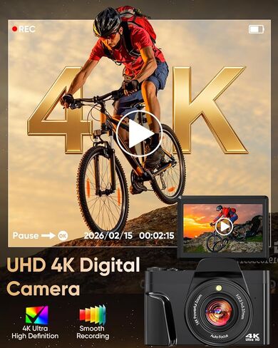 كاميرا رقمية 4K للتصوير الفوتوغرافي مع واي فاي، تركيز تلقائي 64 ميجابكسل، شاشة قلاب 3 بوصة 180 درجة، كاميرا تسجيل فيديو بتكبير 16X لليوتيوب، كاميرا سفر مدمجة للمبتدئين، مضادة للاهتزاز، بطاقة 32 جيجابايت، بطاريتان، أسود in Kuwait