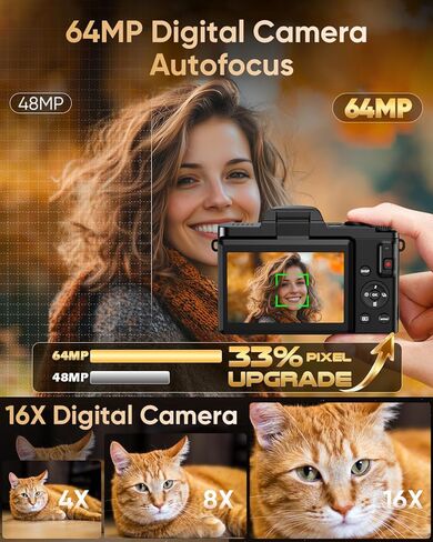 كاميرا رقمية 4K للتصوير الفوتوغرافي مع واي فاي، تركيز تلقائي 64 ميجابكسل، شاشة قلاب 3 بوصة 180 درجة، كاميرا تسجيل فيديو بتكبير 16X لليوتيوب، كاميرا سفر مدمجة للمبتدئين، مضادة للاهتزاز، بطاقة 32 جيجابايت، بطاريتان، أسود in Kuwait