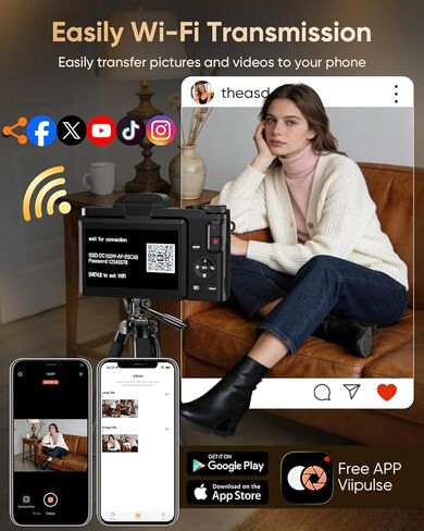 كاميرا رقمية 4K للتصوير الفوتوغرافي مع واي فاي، تركيز تلقائي 64 ميجابكسل، شاشة قلاب 3 بوصة 180 درجة، كاميرا تسجيل فيديو بتكبير 16X لليوتيوب، كاميرا سفر مدمجة للمبتدئين، مضادة للاهتزاز، بطاقة 32 جيجابايت، بطاريتان، أسود in Kuwait