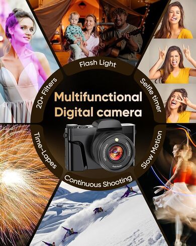 كاميرا رقمية 4K للتصوير الفوتوغرافي مع واي فاي، تركيز تلقائي 64 ميجابكسل، شاشة قلاب 3 بوصة 180 درجة، كاميرا تسجيل فيديو بتكبير 16X لليوتيوب، كاميرا سفر مدمجة للمبتدئين، مضادة للاهتزاز، بطاقة 32 جيجابايت، بطاريتان، أسود in Kuwait