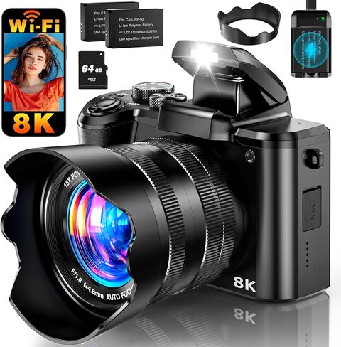 كاميرا رقمية 8K، كاميرات واي فاي 88 ميجابكسل للتصوير الفوتوغرافي مع شاشة لمس 3.2 بوصة، كاميرا مزدوجة احترافية بتركيز تلقائي 16X، مضادة للاهتزاز، بطاريتان وحامل شحن، بطاقة 64 جيجابايت، فلاش، غطاء عدسة in Kuwait