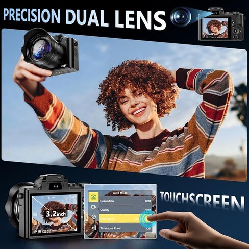 كاميرا رقمية 8K، كاميرات واي فاي 88 ميجابكسل للتصوير الفوتوغرافي مع شاشة لمس 3.2 بوصة، كاميرا مزدوجة احترافية بتركيز تلقائي 16X، مضادة للاهتزاز، بطاريتان وحامل شحن، بطاقة 64 جيجابايت، فلاش، غطاء عدسة in Kuwait