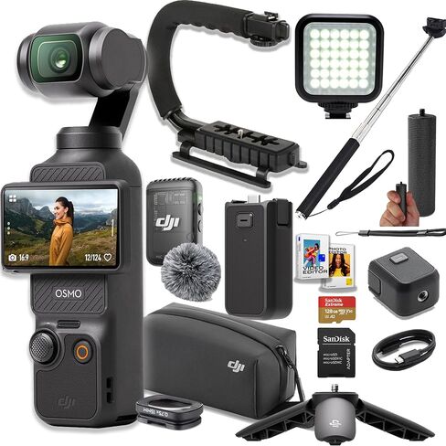مجموعة DJI Osmo Pocket 3 Creator، كاميرا Vlog بدقة 4K/120 إطارًا في الثانية، تثبيت ثلاثي المحاور، تتبع الوجه/الأشياء، ميكروفون متضمن + ضوء فيديو LED + ذاكرة 128 جيجابايت، مقبض، U Grip، عصا سيلفي + المزيد in Kuwait