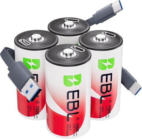 EBL Rechargeable C Batteries 7500mWh 1.5V Lithium USB-C Cable 1600+ Cycles Fast Charging for Cameras, Flashlights Toys Emergency Lights (4 Pack) in Saudi Arabia