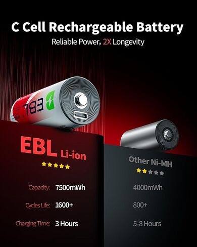EBL Rechargeable C Batteries 7500mWh 1.5V Lithium USB-C Cable 1600+ Cycles Fast Charging for Cameras, Flashlights Toys Emergency Lights (4 Pack) in Saudi Arabia