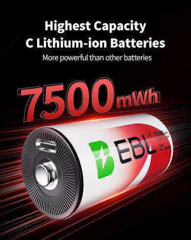 EBL Rechargeable C Batteries 7500mWh 1.5V Lithium USB-C Cable 1600+ Cycles Fast Charging for Cameras, Flashlights Toys Emergency Lights (4 Pack) in Saudi Arabia