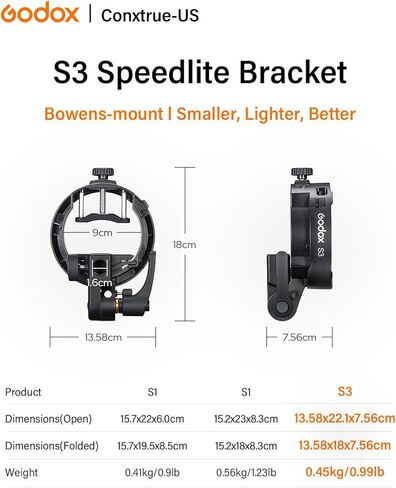 دعامة Godox S3 Speedlite لتركيب Bowens، إصدار 2025 من النوع S2 S-Type، حامل فلاش أصغر وأخف وزنًا للعاكس، والأنف، والمظلة، وصندوق Softbox in Kuwait