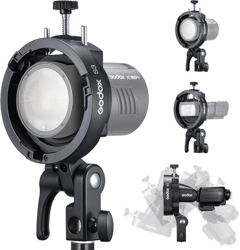 Godox S3 Speedlite Bracket,Godox S2 Bracket Upgrade with Angle±90° Adjustment ＆ Non-Slip Silicone Padding,Umbrella Slot,Bowens Mount S-Type Bracket Holder for Godox V1 mid V100 AD100/200ProII/300ProII in Kuwait
