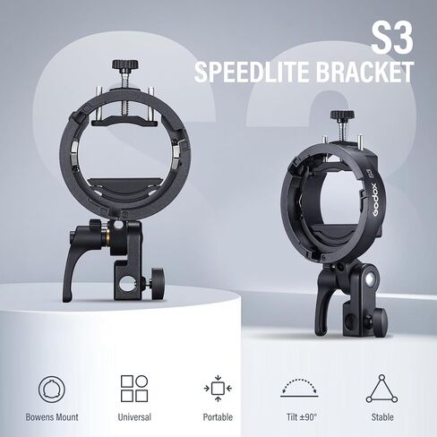 Godox S3 Speedlite Bracket,Godox S2 Bracket Upgrade with Angle±90° Adjustment ＆ Non-Slip Silicone Padding,Umbrella Slot,Bowens Mount S-Type Bracket Holder for Godox V1 mid V100 AD100/200ProII/300ProII in Kuwait