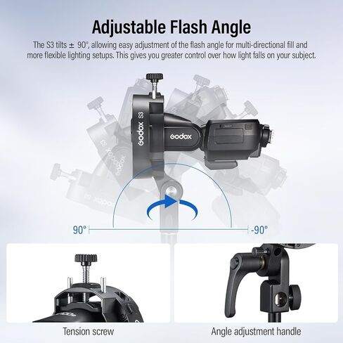 Godox S3 Speedlite Bracket,Godox S2 Bracket Upgrade with Angle±90° Adjustment ＆ Non-Slip Silicone Padding,Umbrella Slot,Bowens Mount S-Type Bracket Holder for Godox V1 mid V100 AD100/200ProII/300ProII in Kuwait