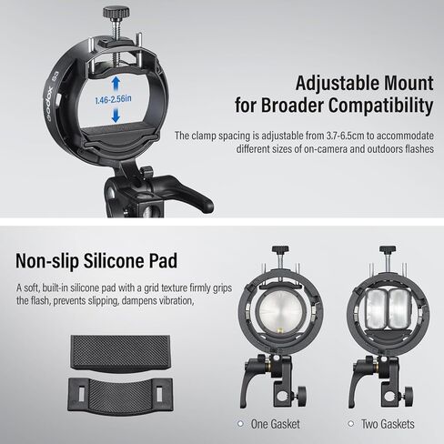 Godox S3 Speedlite Bracket,Godox S2 Bracket Upgrade with Angle±90° Adjustment ＆ Non-Slip Silicone Padding,Umbrella Slot,Bowens Mount S-Type Bracket Holder for Godox V1 mid V100 AD100/200ProII/300ProII in Kuwait
