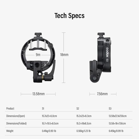 Godox S3 Speedlite Bracket,Godox S2 Bracket Upgrade with Angle±90° Adjustment ＆ Non-Slip Silicone Padding,Umbrella Slot,Bowens Mount S-Type Bracket Holder for Godox V1 mid V100 AD100/200ProII/300ProII in Kuwait