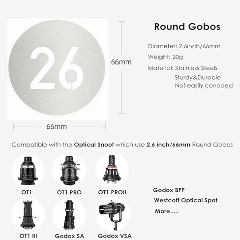 20Pcs Round Gobos Kit for Optical Snoot,66mm/2.6in Metal Plate Patterns Compatible with Godox BFP/BP-SE/OT1/OT1 Pro/Westcott,Custom Gobos Number Series for Birthday Shot/Tiktok etc in Kuwait