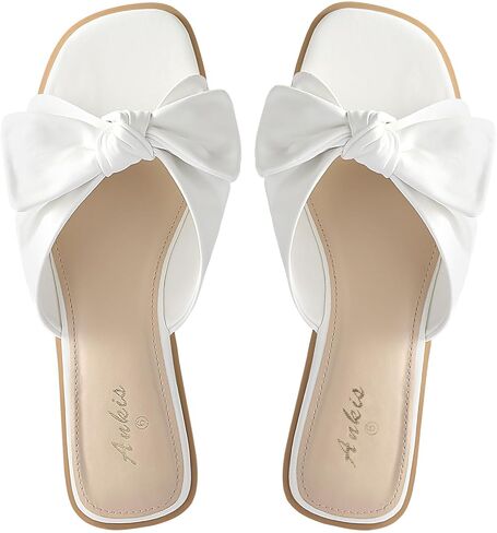 Ankis Womens Black White Flat Sandals for Women Dressy Comfortable Summer Beach Sandals for Women 2025 Cute Bow Square Open Toe Slide Sandals in Saudi Arabia