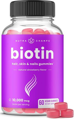 NutraChamps Biotin Gummies 10000mcg [فعالية عالية] لفيتامينات الشعر والبشرة والأظافر الصحية للنساء والرجال والأطفال - 5000mcg في كل فيتامينات شعر - نباتية، غير معدلة وراثيًا، مكمل لصحة الشعر in Kuwait