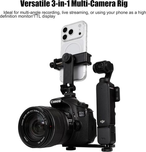 Multi-Camera Mount Rig for DJI Osmo Pocket 3 4 & DSLR Digital Action Camera – Dual 1/4" Screws with Cold Shoe Mounts, Tripod Compatible, Supports Phone as Monitor (Includes Phone Clamp & Adapter) in Kuwait