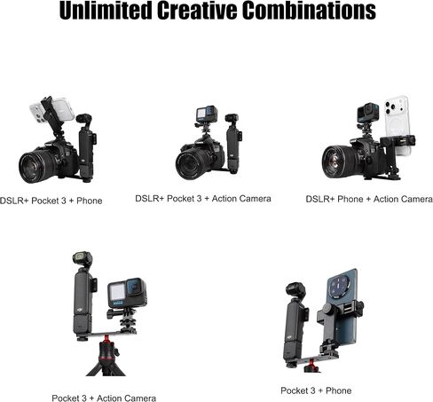 Multi-Camera Mount Rig for DJI Osmo Pocket 3 4 & DSLR Digital Action Camera – Dual 1/4" Screws with Cold Shoe Mounts, Tripod Compatible, Supports Phone as Monitor (Includes Phone Clamp & Adapter) in Kuwait