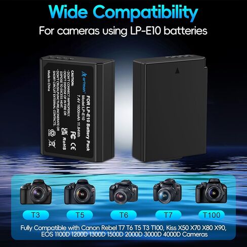 Artman LP-E10 بطارية 2 حزمة 1600 مللي أمبير وشاحن بطارية LP E10 مزدوج سريع لكاميرات Canon EOS Rebel T7 T6 T5 T3 T100، Kiss X50 X70 X80 X90، EOS 1100D 1200D 1300D 1500D 2000D 3000D 4000D كاميرات رقمية in Kuwait