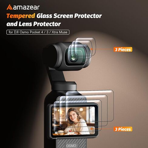 واقي شاشة عدسة AMAZEAR لـ DJI Osmo Pocket 4/3 / Xtra Muse (6 عبوات)، ملحقات Pocket4 واقي شاشة من الزجاج المقسى شاشة OLED، حماية كاملة، فائقة الدقة، صلابة 9H، مقاومة للخدش in Kuwait