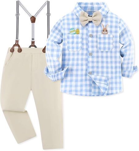 Toddler Baby Boy Clothes Suit 12M-7Y Boys Wedding Formal Outfit, Dress Shirt+Bowtie+Suspender Pants Gentleman Outfits in Kuwait