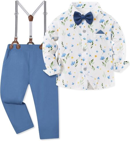 Toddler Baby Boy Clothes Suit 12M-7Y Boys Wedding Formal Outfit, Dress Shirt+Bowtie+Suspender Pants Gentleman Outfits in Kuwait