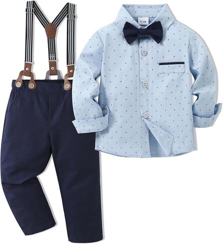 Toddler Baby Boy Clothes Suit 12M-7Y Boys Wedding Formal Outfit, Dress Shirt+Bowtie+Suspender Pants Gentleman Outfits in Kuwait