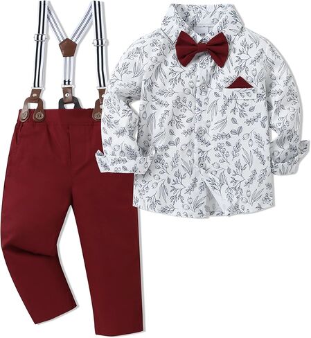 Toddler Baby Boy Clothes Suit 12M-7Y Boys Wedding Formal Outfit, Dress Shirt+Bowtie+Suspender Pants Gentleman Outfits in Kuwait