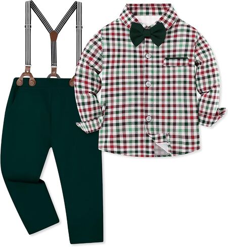 Toddler Baby Boy Clothes Suit 12M-7Y Boys Wedding Formal Outfit, Dress Shirt+Bowtie+Suspender Pants Gentleman Outfits in Kuwait