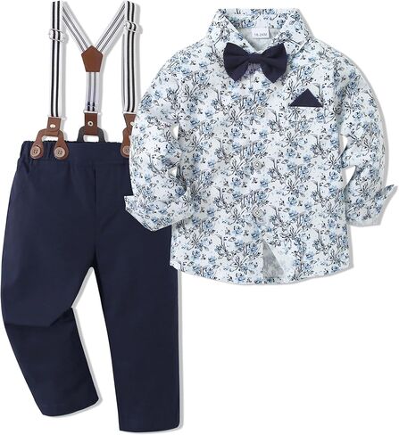 Toddler Baby Boy Clothes Suit 12M-7Y Boys Wedding Formal Outfit, Dress Shirt+Bowtie+Suspender Pants Gentleman Outfits in Kuwait