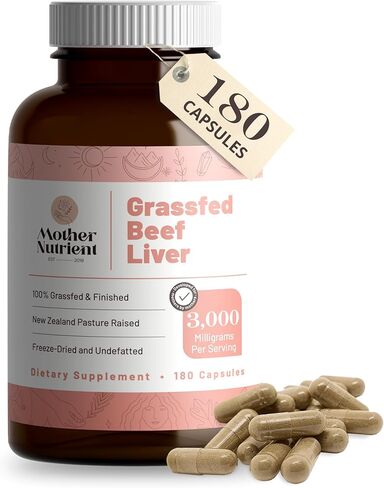 كبسولات كبد البقر التي تتغذى على العشب بنسبة 100% من Mother Nutrient مصدرها لحوم البقر التي تربى في المراعي في نيوزيلندا - فيتامينات A وB12 مع الحديد والبروتين والمزيد - كمية تكفي 45 يومًا (180 كبسولة) in Saudi Arabia