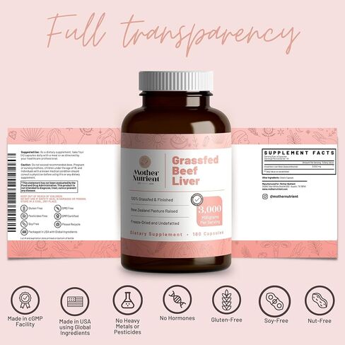 كبسولات كبد البقر التي تتغذى على العشب بنسبة 100% من Mother Nutrient مصدرها لحوم البقر التي تربى في المراعي في نيوزيلندا - فيتامينات A وB12 مع الحديد والبروتين والمزيد - كمية تكفي 45 يومًا (180 كبسولة) in Saudi Arabia