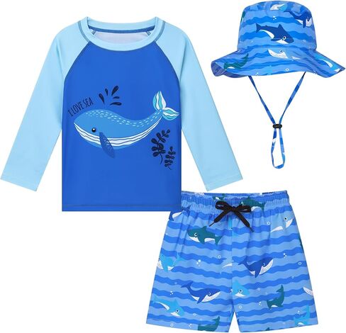 Toddler Baby Boys 3-Piece Swimsuit UPF 50+ Rashguard Trunk Sun Hat Set Long Sleeve Bathing Suit for Summer Beach in Saudi Arabia