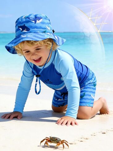 Toddler Baby Boys 3-Piece Swimsuit UPF 50+ Rashguard Trunk Sun Hat Set Long Sleeve Bathing Suit for Summer Beach in Saudi Arabia