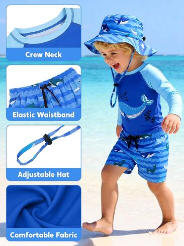 Toddler Baby Boys 3-Piece Swimsuit UPF 50+ Rashguard Trunk Sun Hat Set Long Sleeve Bathing Suit for Summer Beach in Saudi Arabia