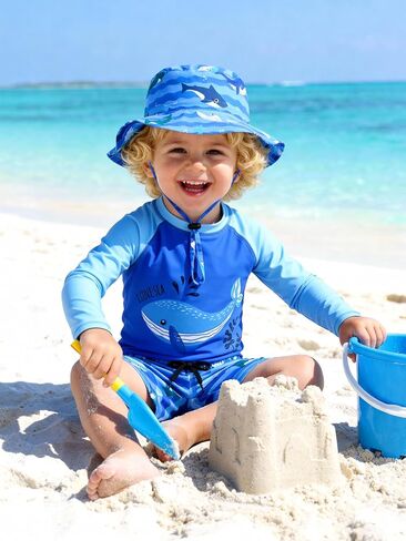 Toddler Baby Boys 3-Piece Swimsuit UPF 50+ Rashguard Trunk Sun Hat Set Long Sleeve Bathing Suit for Summer Beach in Saudi Arabia
