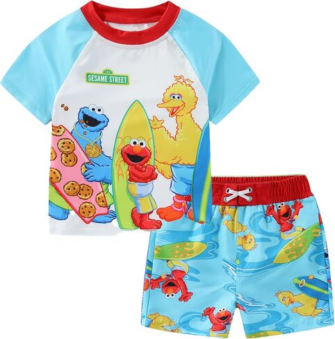 Sesame Street Boys UPF 50+ قميص حماية من الطفح الجلدي وسروال سباحة قصير مجموعة ملابس سباحة للرضع والأطفال الصغار in Kuwait