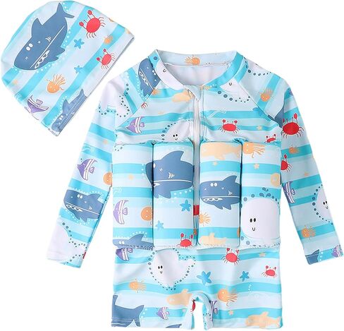 IDOPIP Kids Baby Boys Girls Float Suit Printed Floatation Swimsuit with Adjustable Buoyancy Floating Swimwear Toddler One Piece Bathing Suit Long Sleeve Swimming Beachwear with Cap Blue 2-3 Years in Kuwait