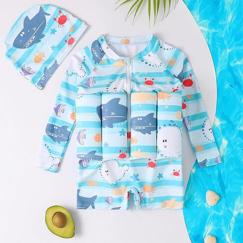 IDOPIP Kids Baby Boys Girls Float Suit Printed Floatation Swimsuit with Adjustable Buoyancy Floating Swimwear Toddler One Piece Bathing Suit Long Sleeve Swimming Beachwear with Cap Blue 2-3 Years in Kuwait