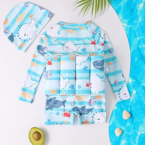 IDOPIP Kids Baby Boys Girls Float Suit Printed Floatation Swimsuit with Adjustable Buoyancy Floating Swimwear Toddler One Piece Bathing Suit Long Sleeve Swimming Beachwear with Cap Blue 2-3 Years in Kuwait