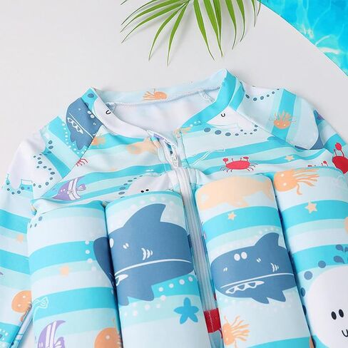 IDOPIP Kids Baby Boys Girls Float Suit Printed Floatation Swimsuit with Adjustable Buoyancy Floating Swimwear Toddler One Piece Bathing Suit Long Sleeve Swimming Beachwear with Cap Blue 2-3 Years in Kuwait