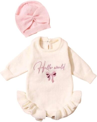 Baby Embroidered Knit Sweater and Bow Set, Long Sleeve, Frill Design, Round Neck. (US, Age, 0 Months, 1 Months, Pink Combo) in Kuwait