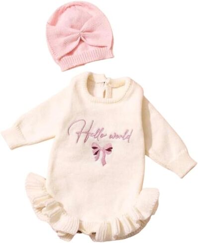 Baby Embroidered Knit Sweater and Bow Set, Long Sleeve, Frill Design, Round Neck. (US, Age, 0 Months, 1 Months, Pink Combo) in Kuwait