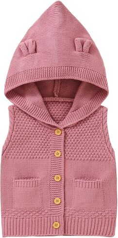 Opewod Baby Girls Boys Hooded Knit Vest Toddler Fall Winter Warm Sleeveless Jacket Bear Ears Button Coat with pocket in Kuwait