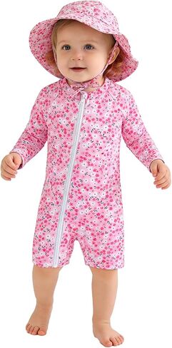 2Pcs Baby Girl One Piece Swimsuit Full Zipper UPF 50+ Sun Protection Bathing Suit Rash Guard with Hat in Kuwait