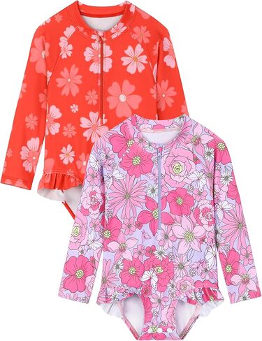 2 Pack Baby Toddler Girl Long Sleeve Ruffle Swimsuit Floral One-Piece Zipper Rash Guard UPF 50+Sun Protection in Kuwait