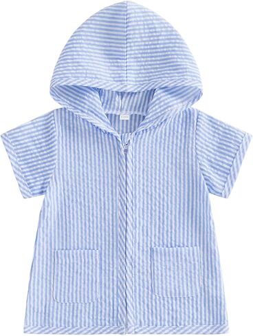 Little Girls Boys Swim Cover Up Short Sleeve Zip Up Hooded Striped Bathing Suit Beach Coverups in Kuwait